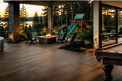 Indoor and outdoor recreation setting with a hot tub, play area, pool table and gathering spaces