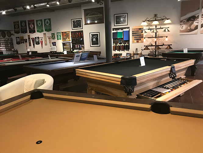 pool tables on showroom floor - Skillful Home Recreation Portland Maine