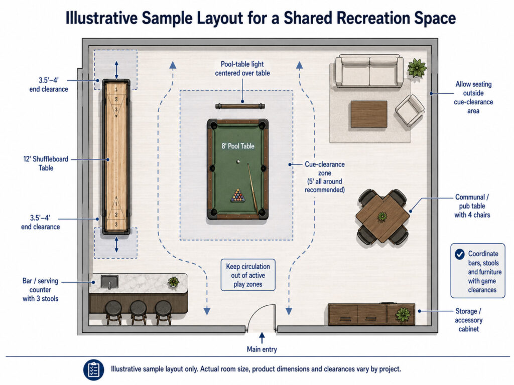 Illustrative floor plan of a shared recreation space showing an 8-foot pool table with cue clearance, a 12-foot shuffleboard table with end clearance, seating, a bar, a communal table, storage and circulation paths.