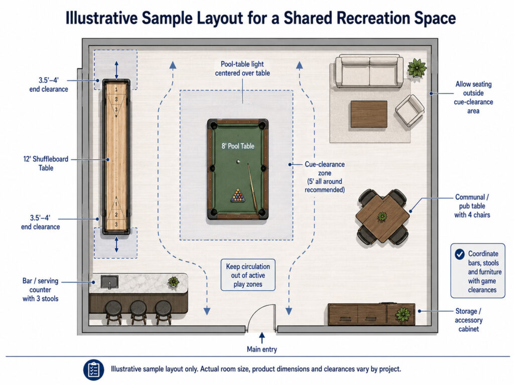 Illustrative floor plan of a shared recreation space showing an 8-foot pool table with cue clearance, a 12-foot shuffleboard table with end clearance, seating, a bar, a communal table, storage and circulation paths.